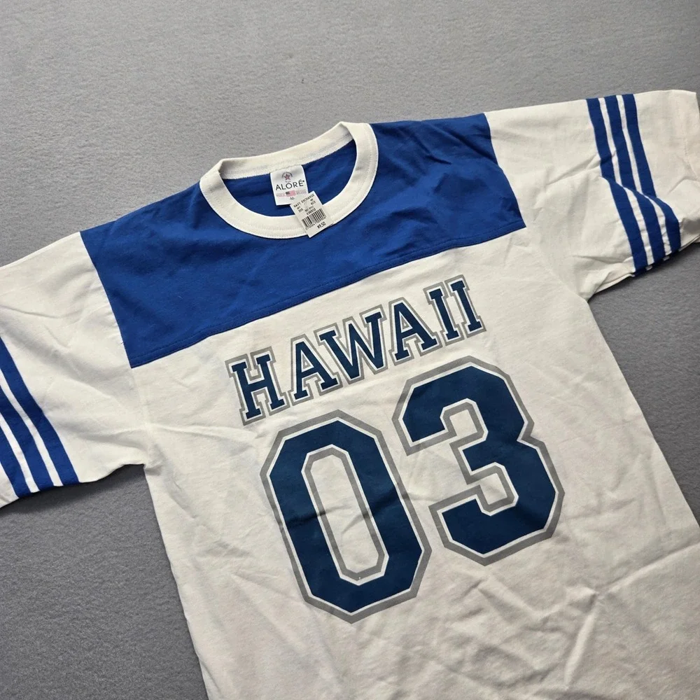 Vintage Single Stich Hawaii 03  Dead stock Mens M Blue White Striped Sleeve USA - Picture 3 of 6